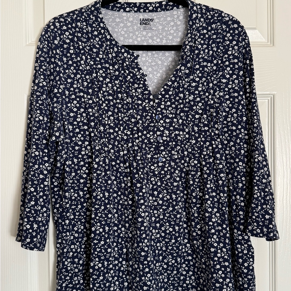 Lands' End Navy and White Floral Split-Neck Tunic